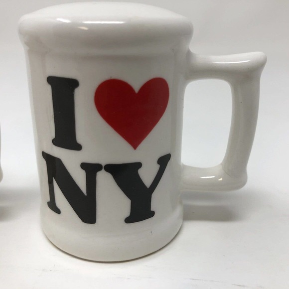 I Love New York NY Salt Pepper Shakers Set Mug Shape Handle Karol Western Korea - Picture 9 of 9